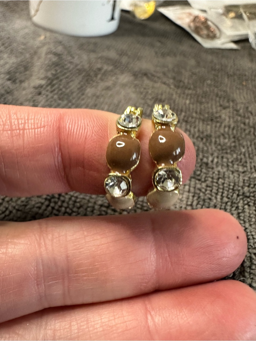 Gold-Tone Hoop Earrings with Brown Cabochons and Clear Crystals